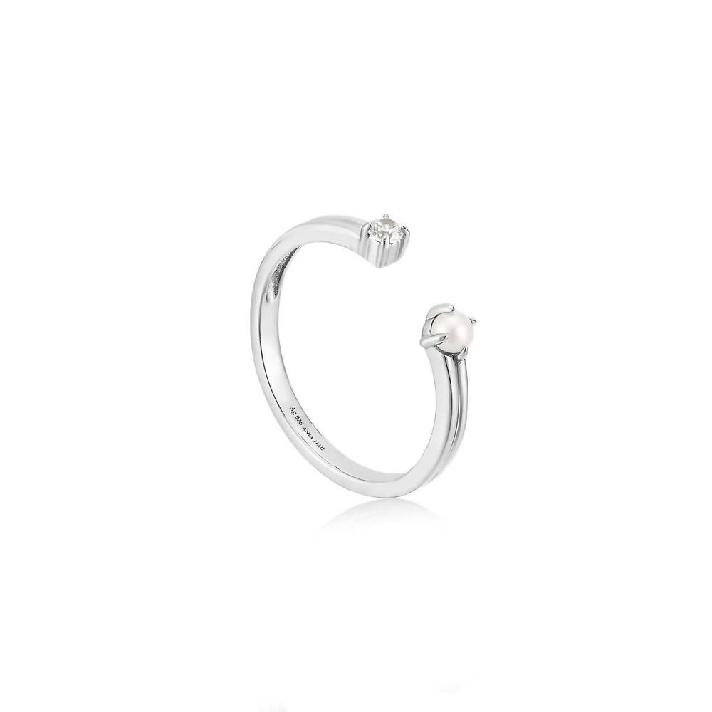 NEW ANIA HAIE women's pearl sparkle adjustable rings in silver